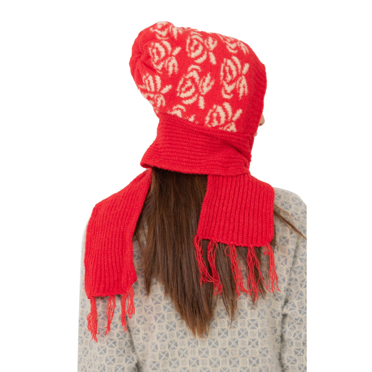 Woolen Printed Muffler Cap for Women- Red | AMOLDO