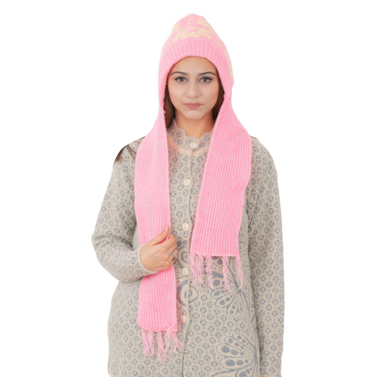 Woolen Printed Muffler Cap for Women- Pink | AMOLDO