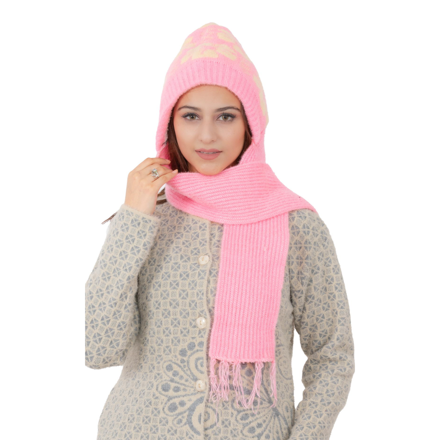 Woolen Printed Muffler Cap for Women- Pink | AMOLDO