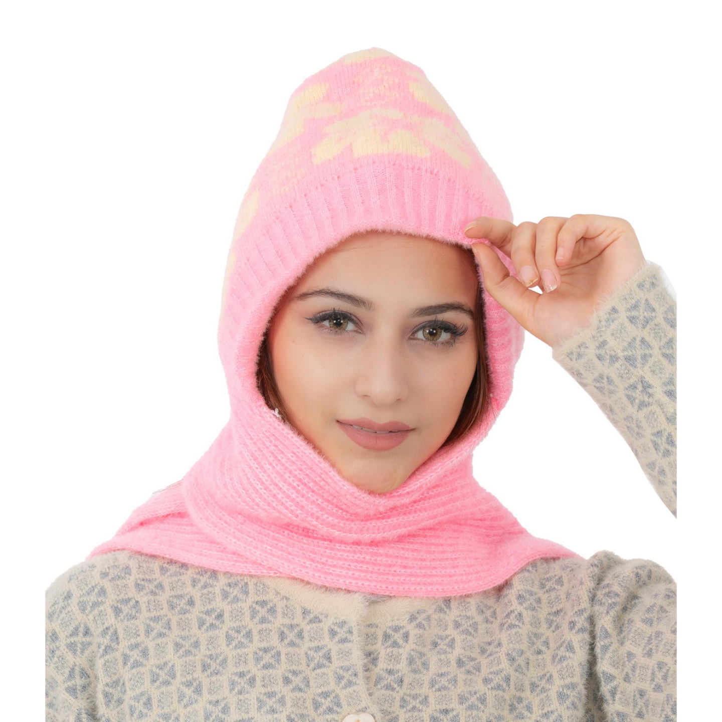 Woolen Printed Muffler Cap for Women- Pink | AMOLDO