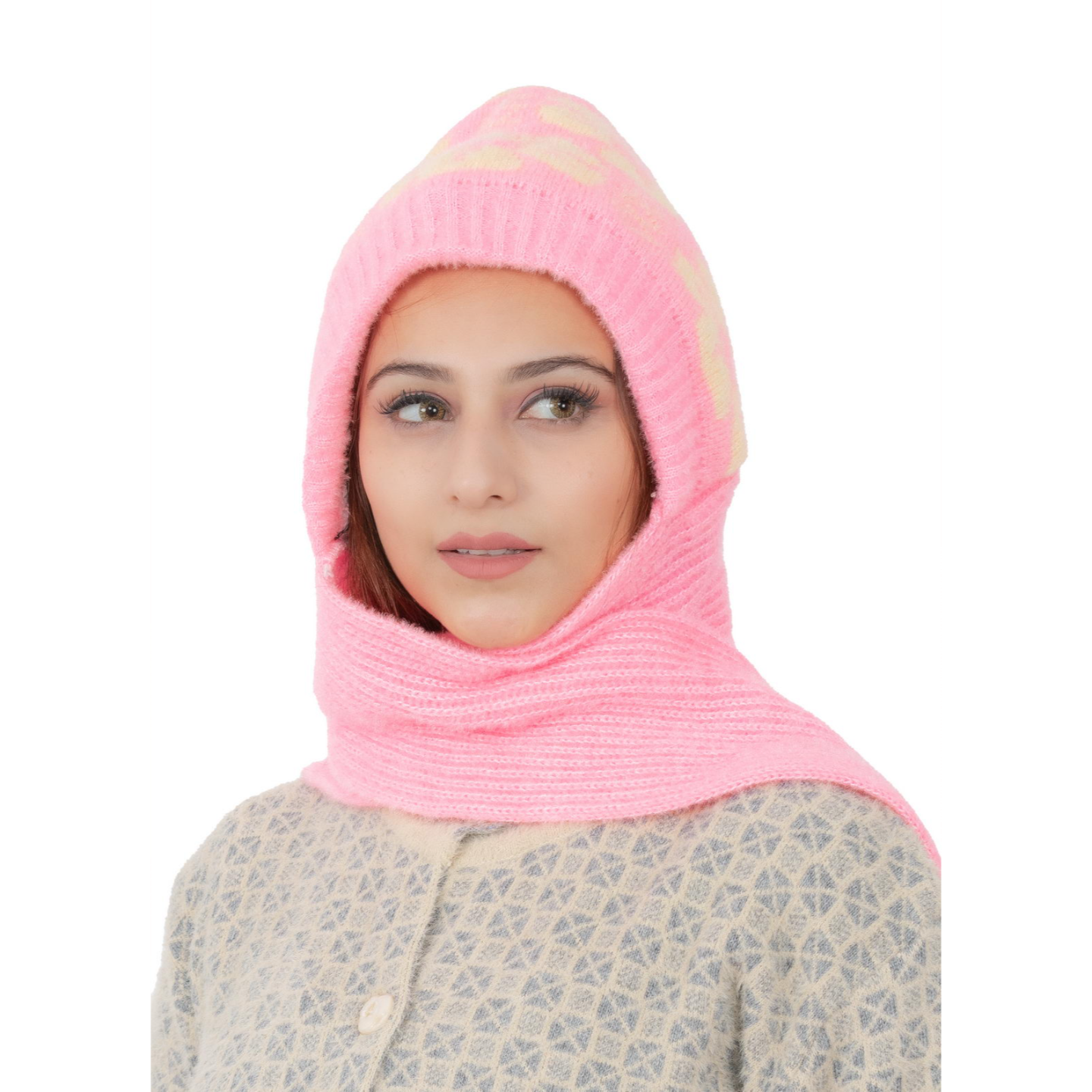 Woolen Printed Muffler Cap for Women- Pink | AMOLDO