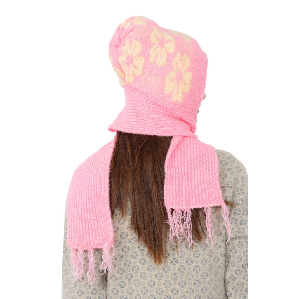 Woolen Printed Muffler Cap for Women- Pink | AMOLDO