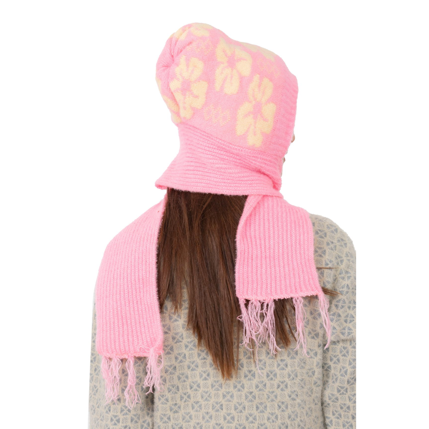 Woolen Printed Muffler Cap for Women- Pink | AMOLDO