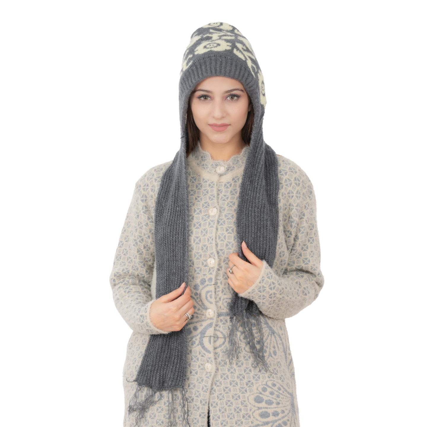 Woolen Printed Muffler Cap for Women- Grey | AMOLDO