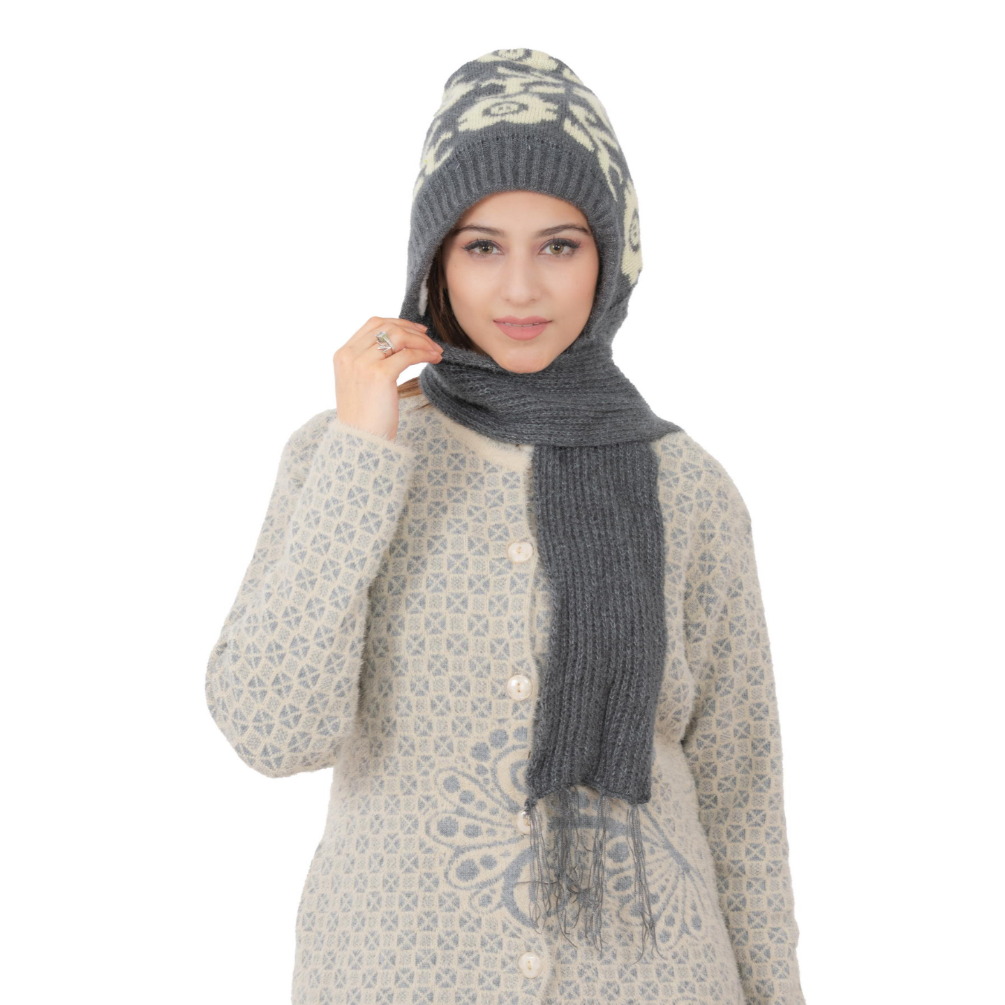 Woolen Printed Muffler Cap for Women- Grey | AMOLDO