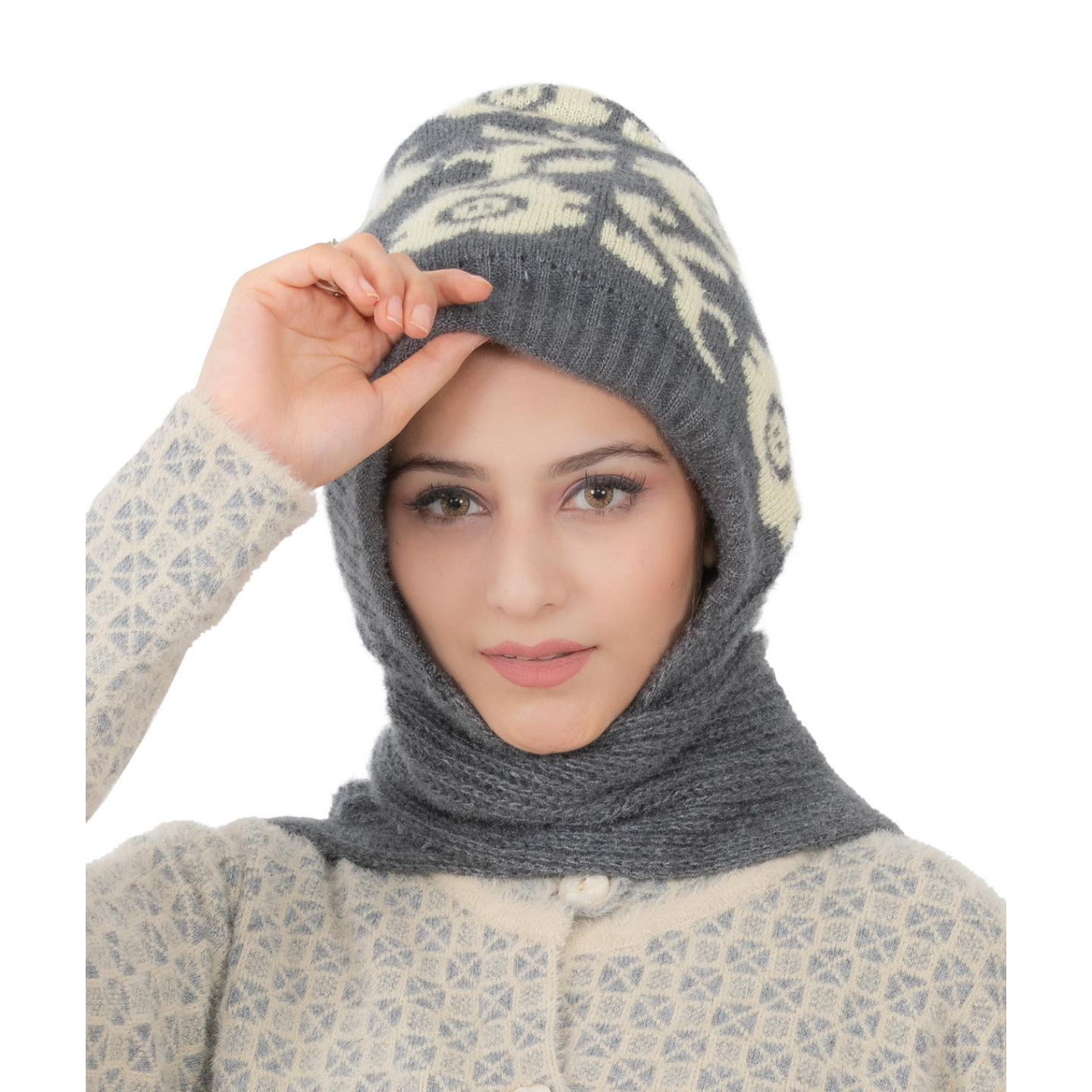 Woolen Printed Muffler Cap for Women- Grey | AMOLDO