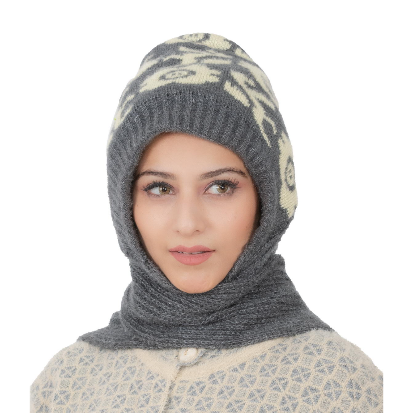 Woolen Printed Muffler Cap for Women- Grey | AMOLDO