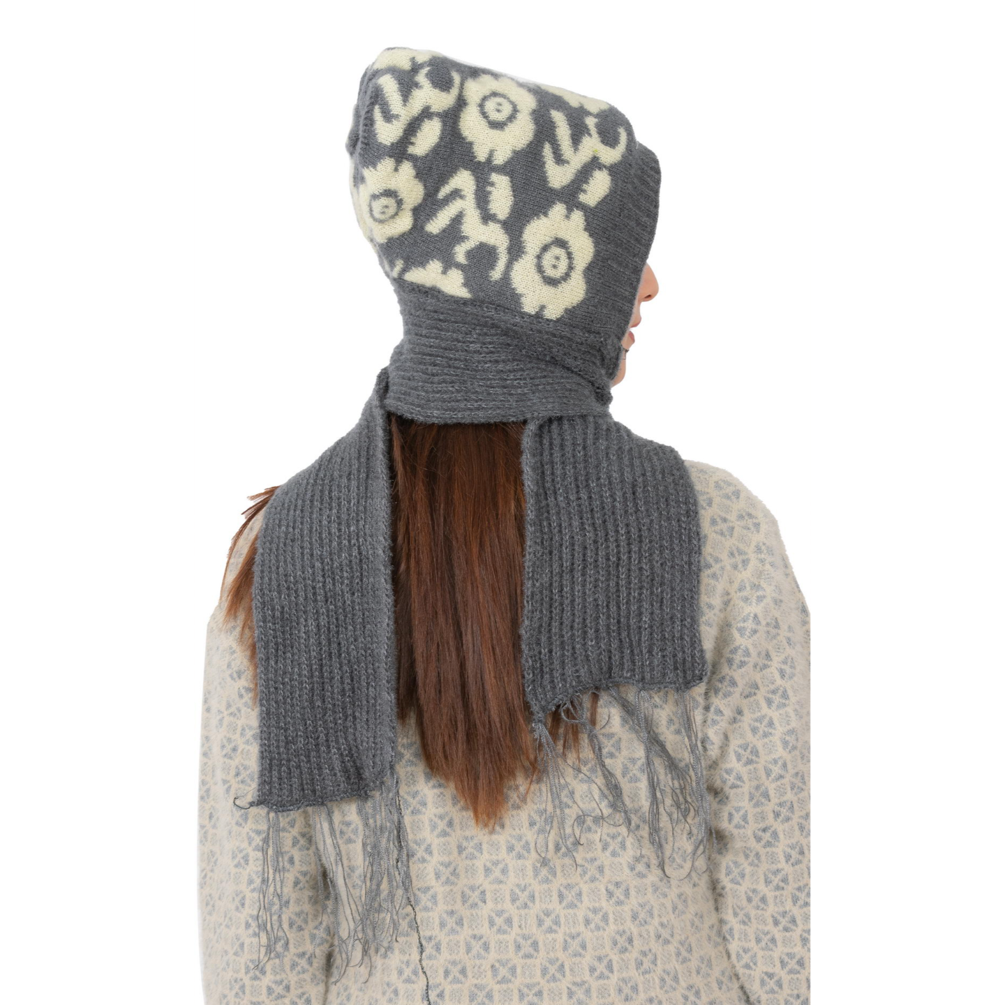 Woolen Printed Muffler Cap for Women- Grey | AMOLDO