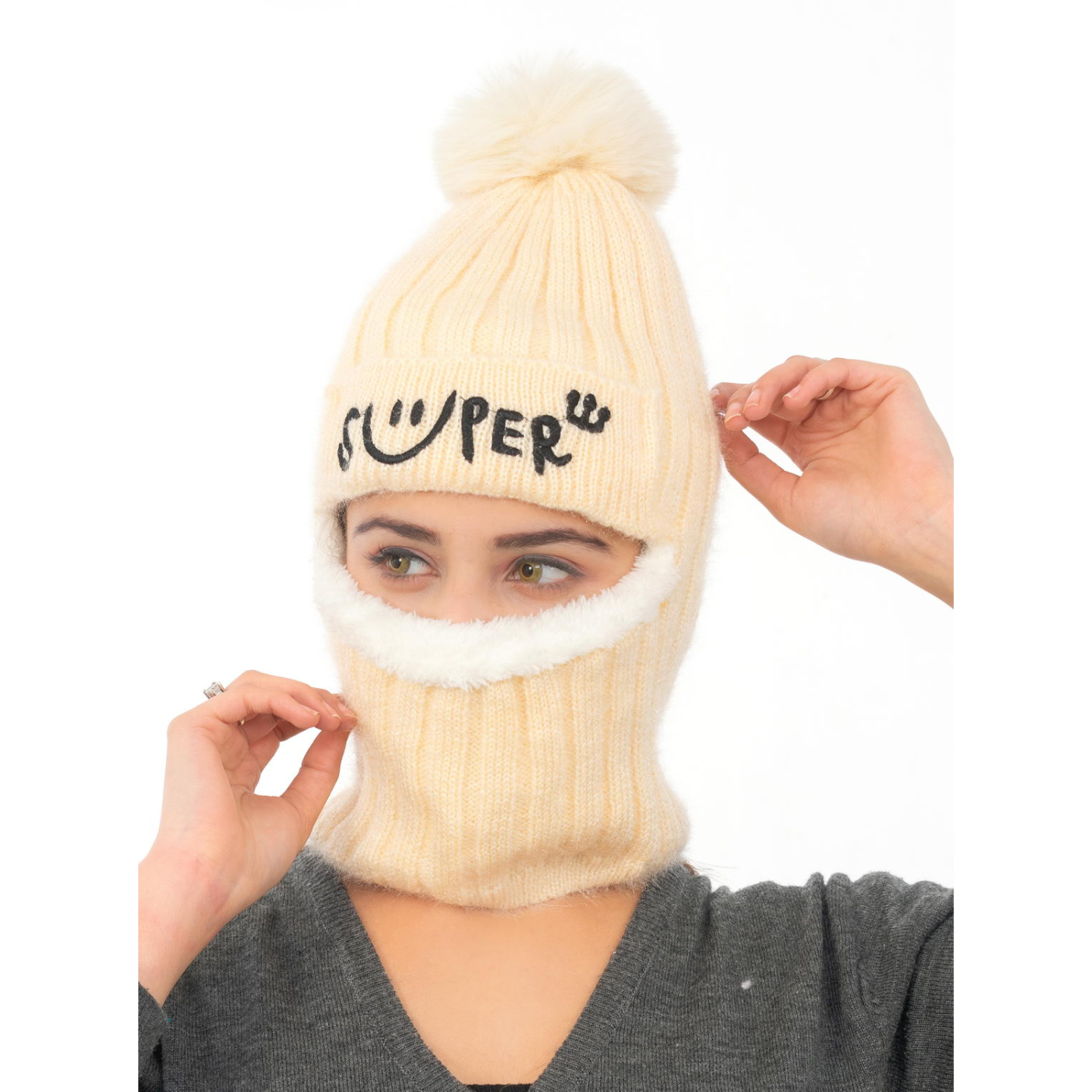 Woolen Winter Monkey Cap - Cream | Amoldo