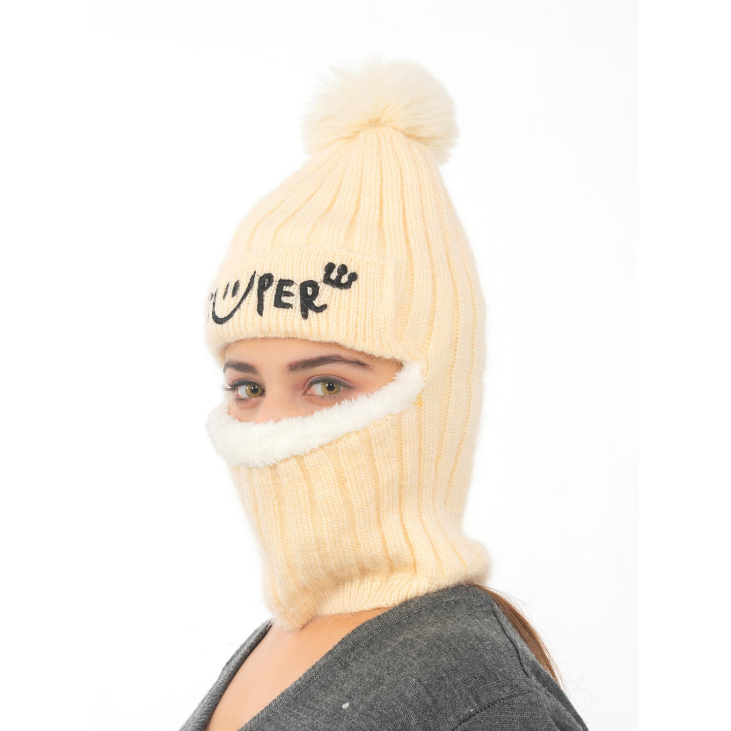 Woolen Winter Monkey Cap - Cream | Amoldo