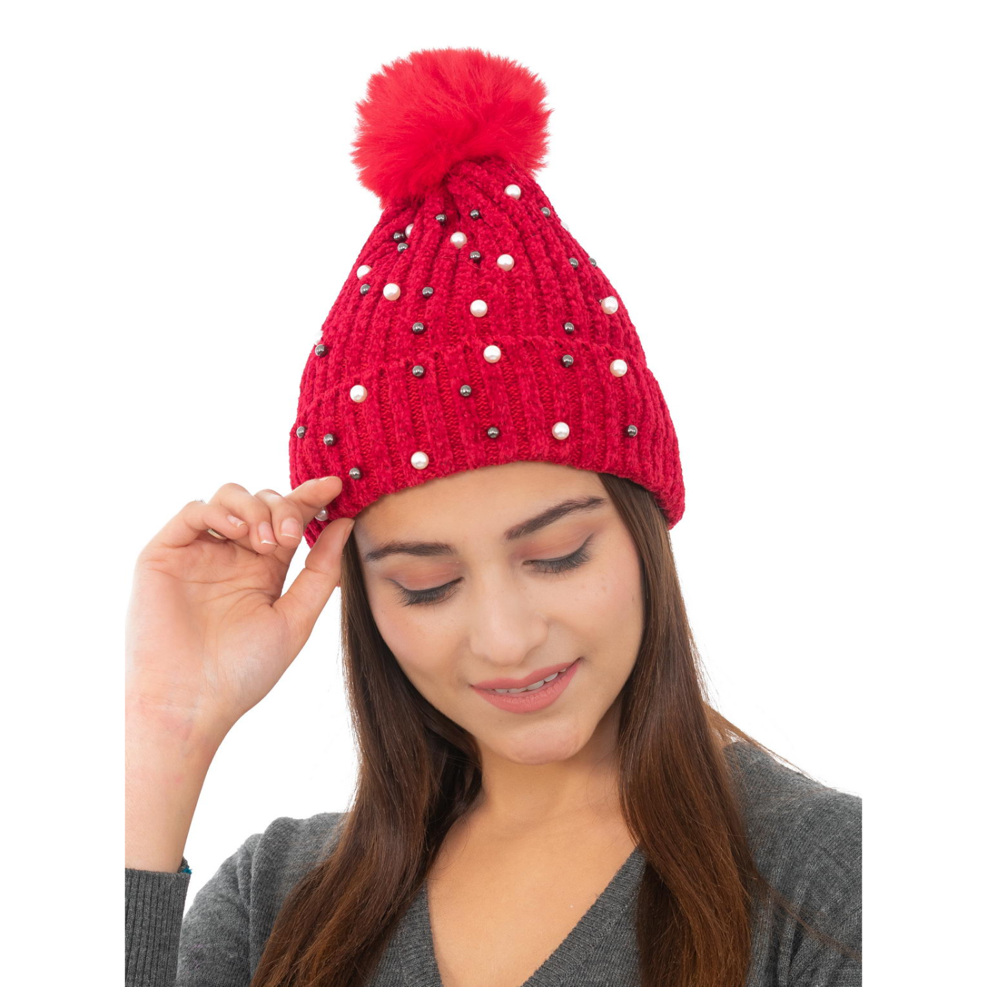 Woolen Pearl Knitted Hat- Red | Amoldo