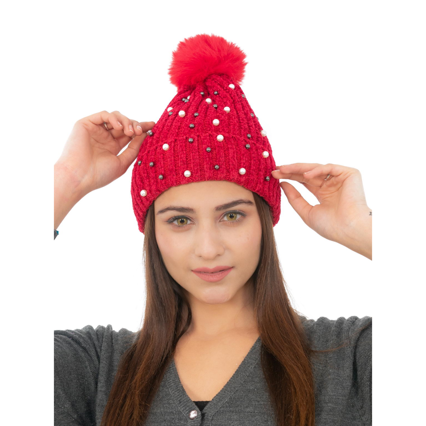 Woolen Pearl Knitted Hat- Red | Amoldo