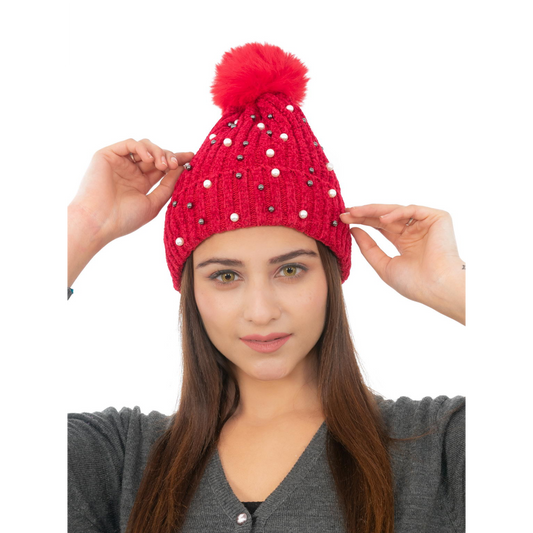 Woolen Pearl Knitted Hat- Red | Amoldo