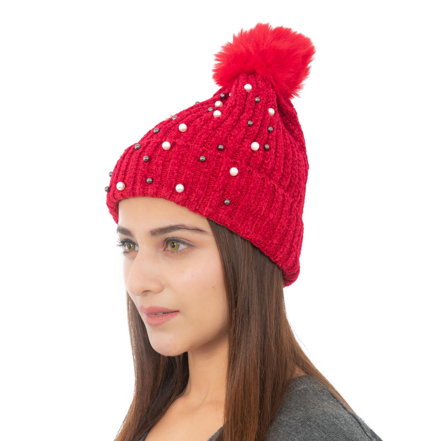 Woolen Pearl Knitted Hat- Red | Amoldo