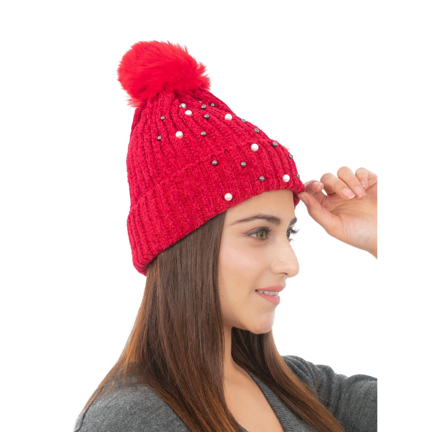 Woolen Pearl Knitted Hat- Red | Amoldo