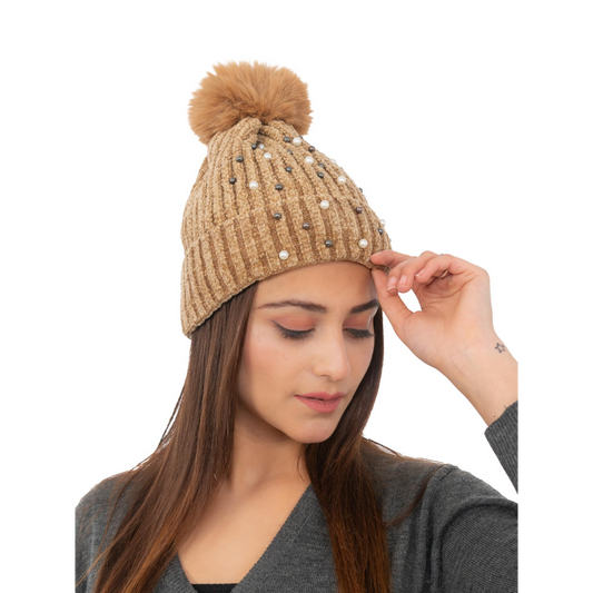 Woolen Pearl Knitted Hat- Cream | Amoldo