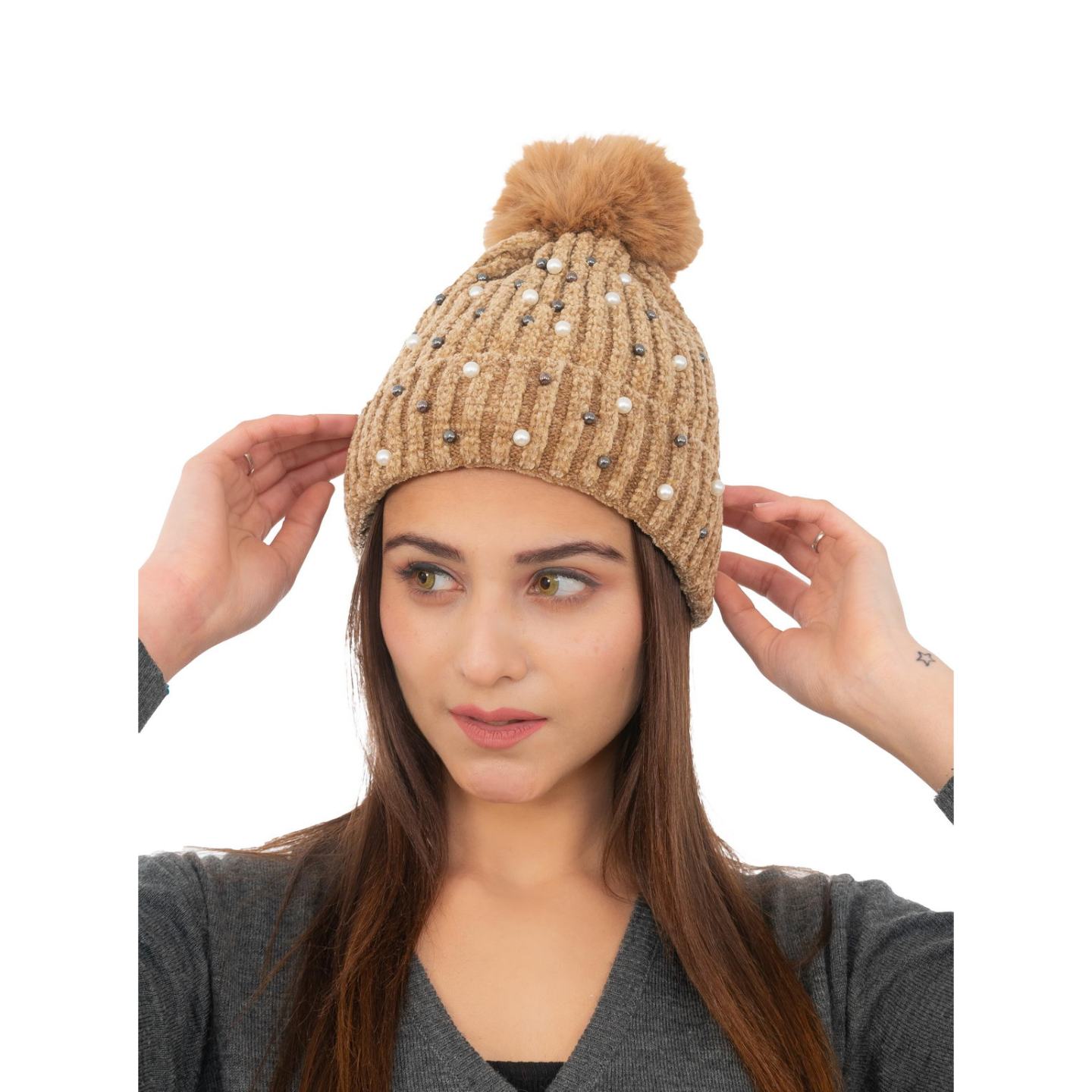 Woolen Pearl Knitted Hat- Cream | Amoldo