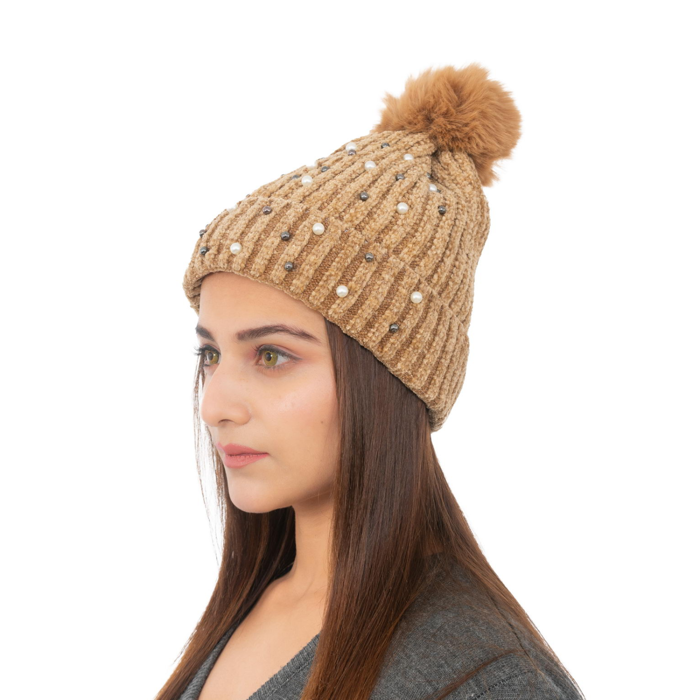 Woolen Pearl Knitted Hat- Cream | Amoldo