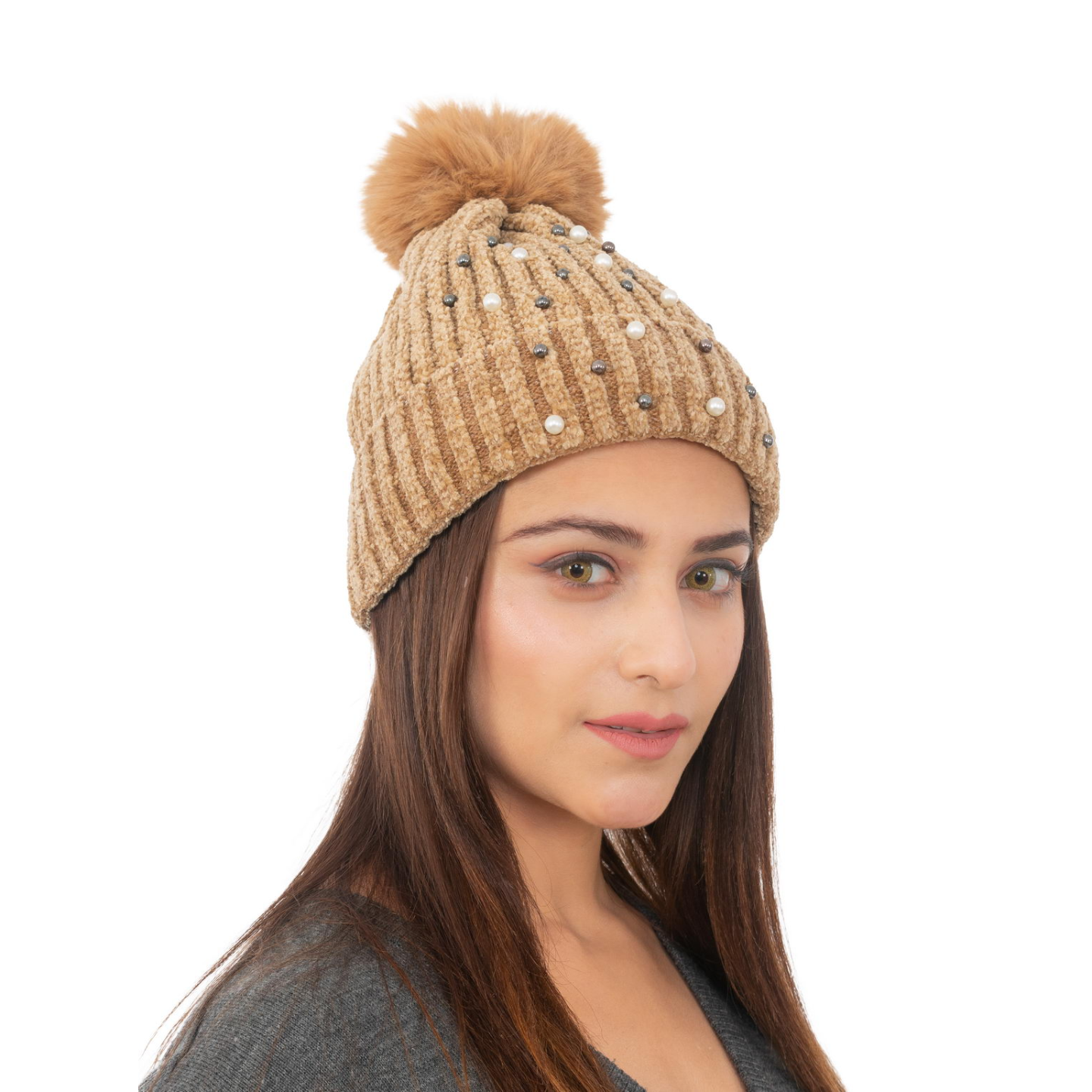 Woolen Pearl Knitted Hat- Cream | Amoldo