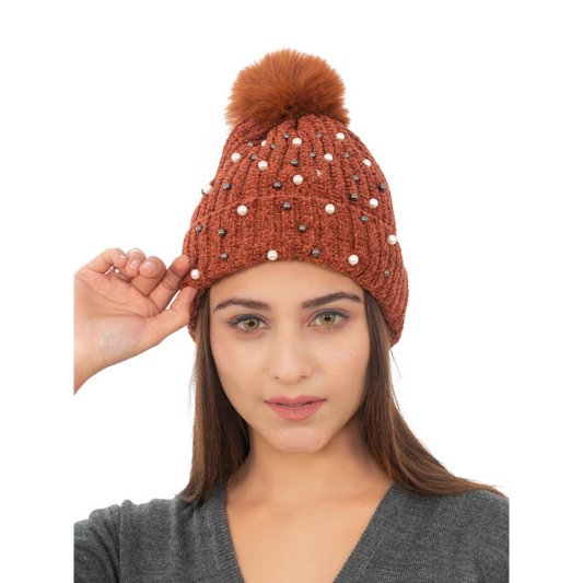 Woolen Pearl Knitted Hat- Brown | Amoldo