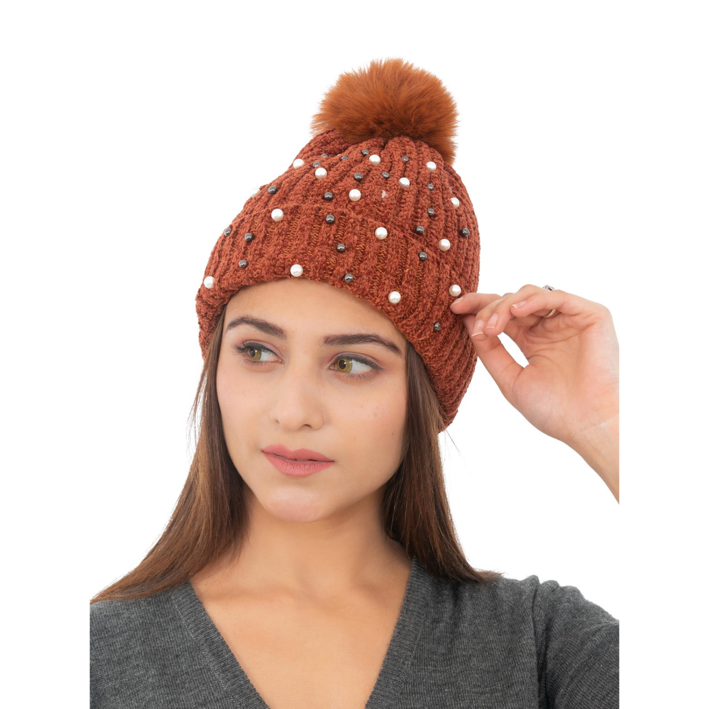 Woolen Pearl Knitted Hat- Brown | Amoldo