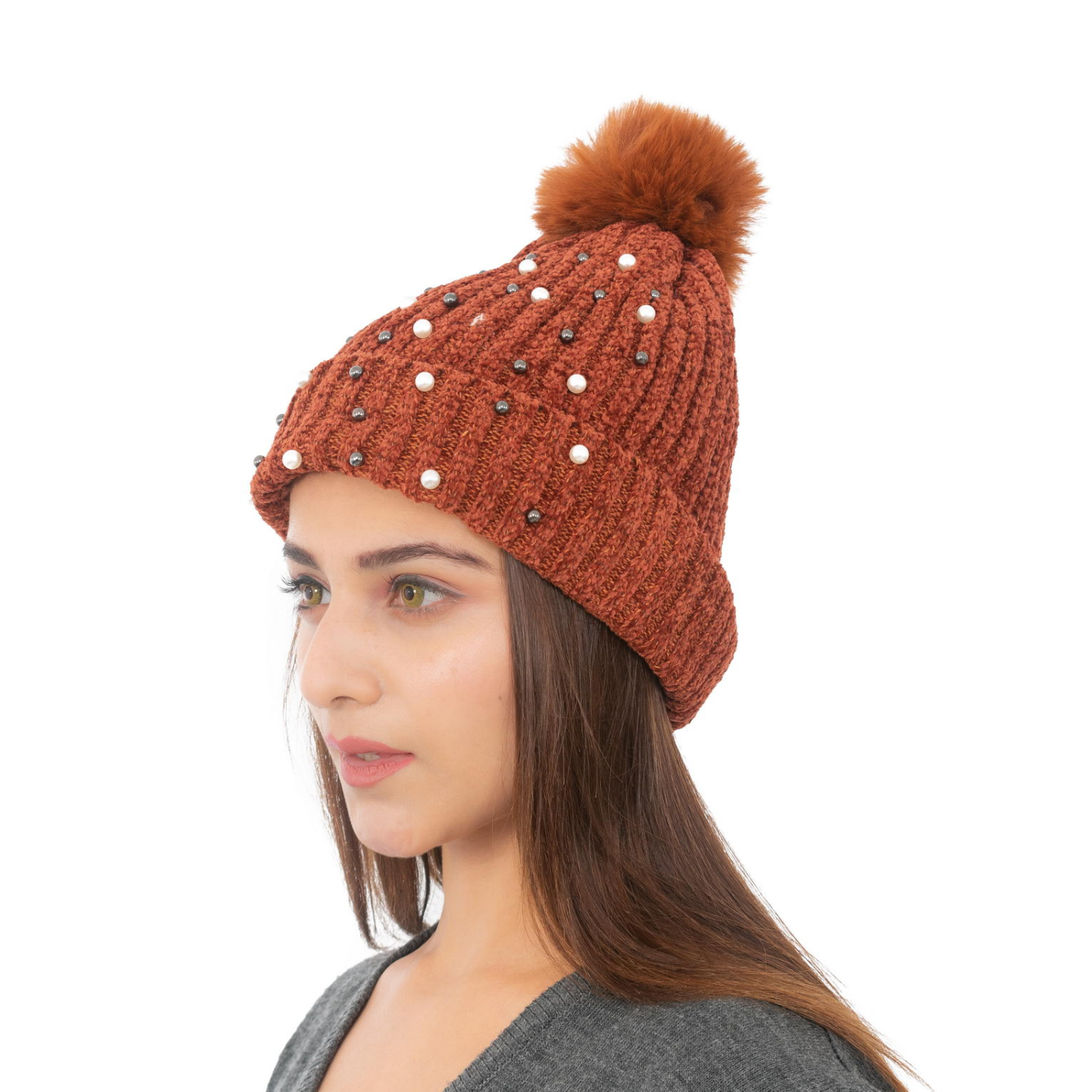 Woolen Pearl Knitted Hat- Brown | Amoldo