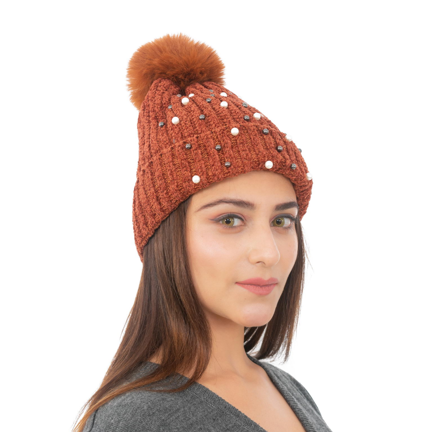 Woolen Pearl Knitted Hat- Brown | Amoldo