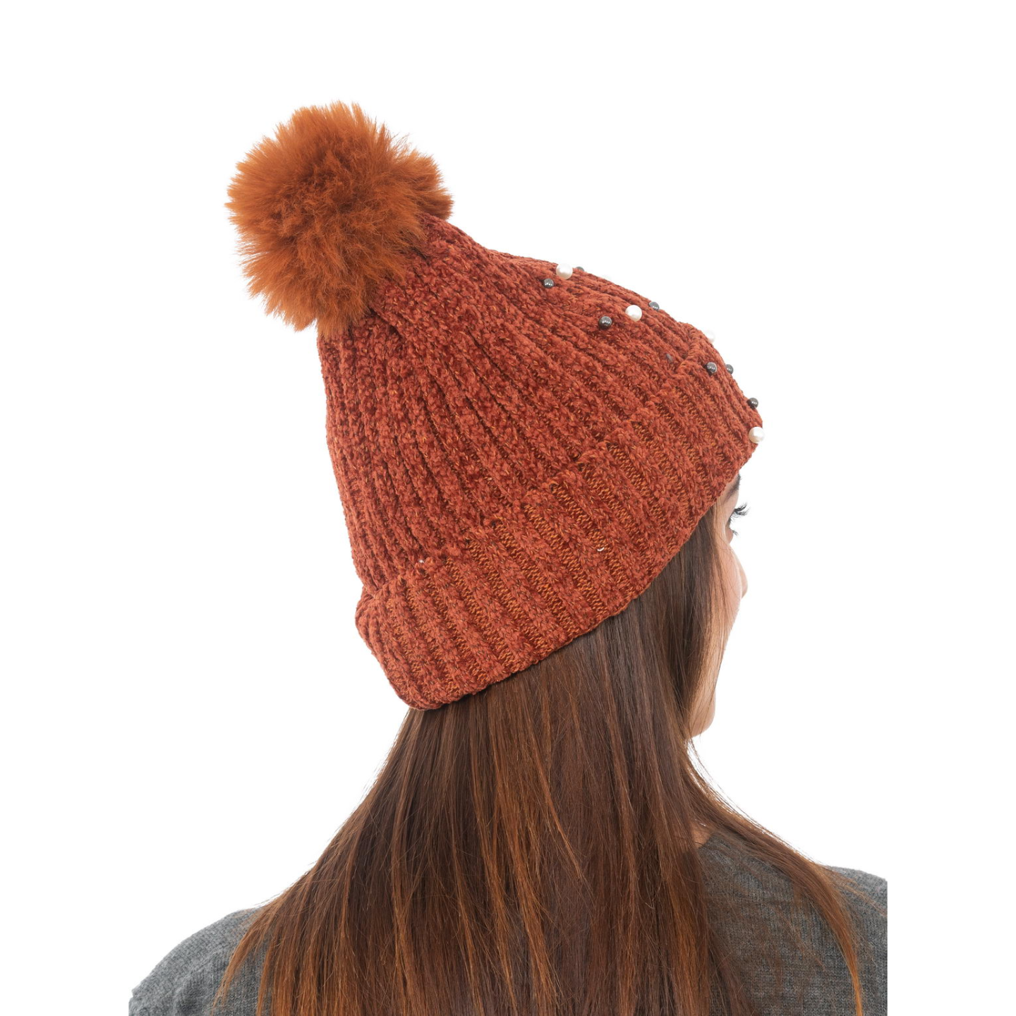 Woolen Pearl Knitted Hat- Brown | Amoldo