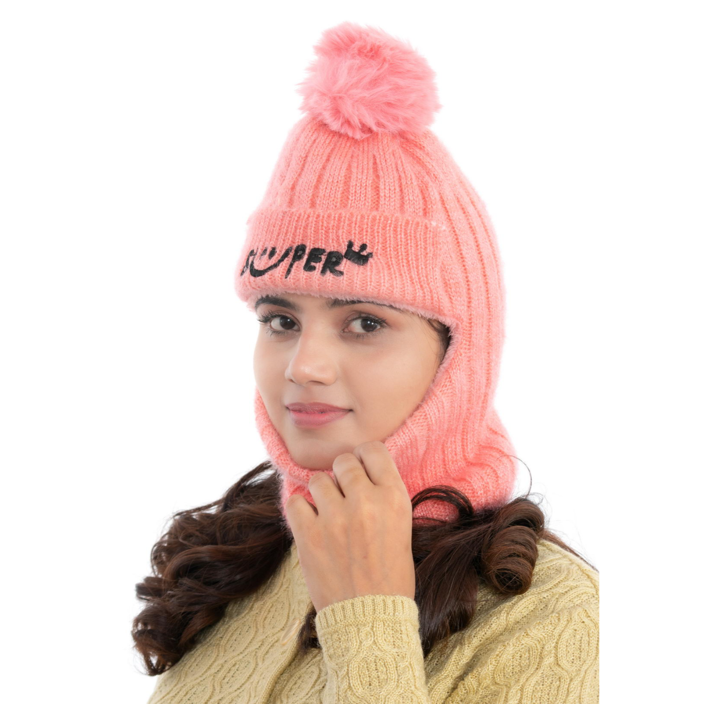 Woolen Winter Monkey Cap - Pink | Amoldo