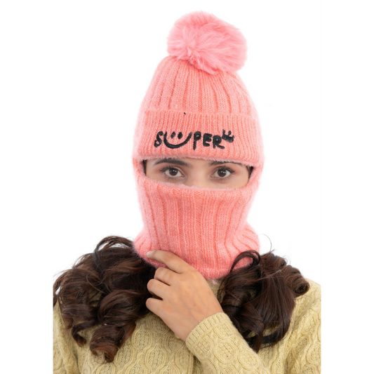 Woolen Winter Monkey Cap - Pink | Amoldo