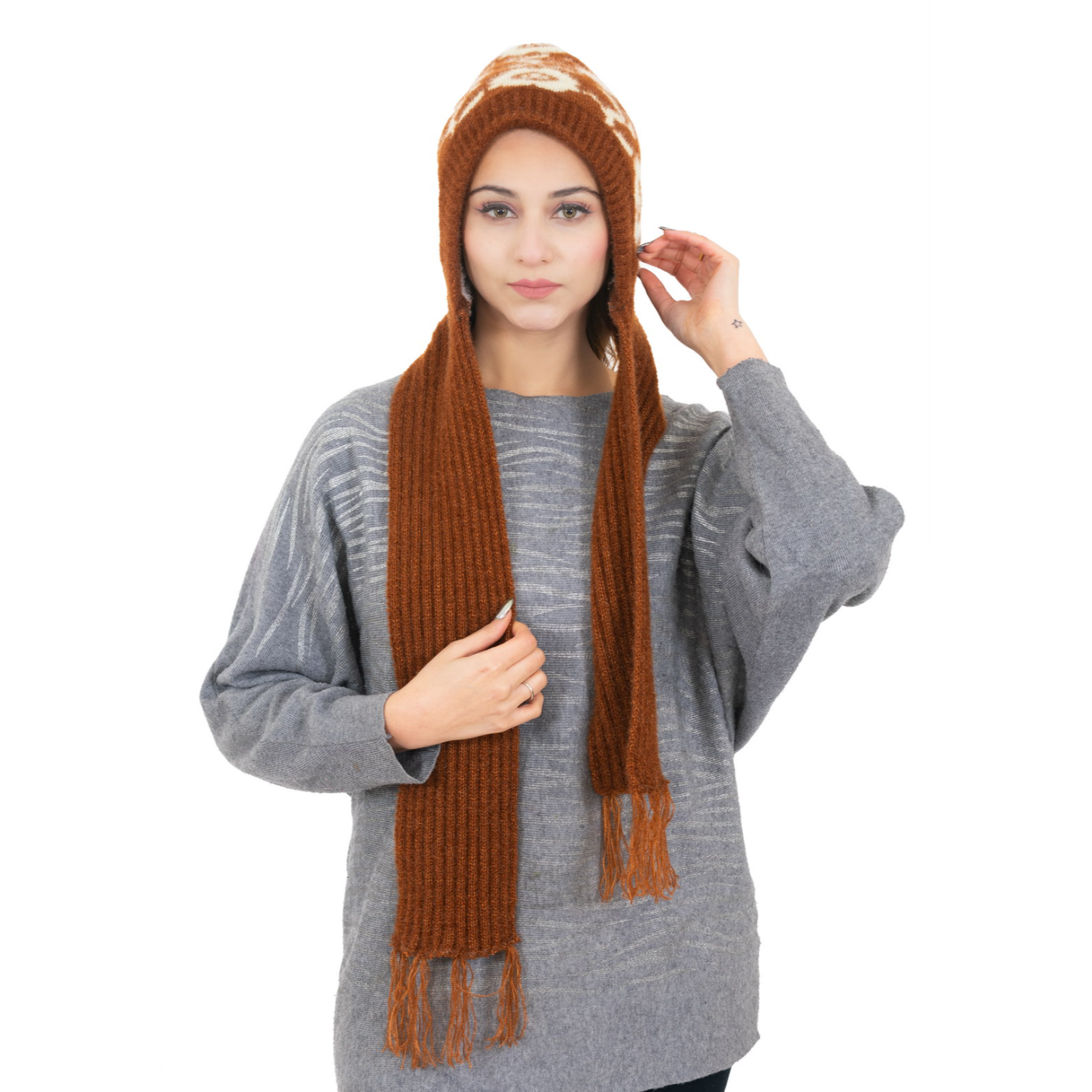 Woolen Printed Muffler Cap for Women- Brown | AMOLDO