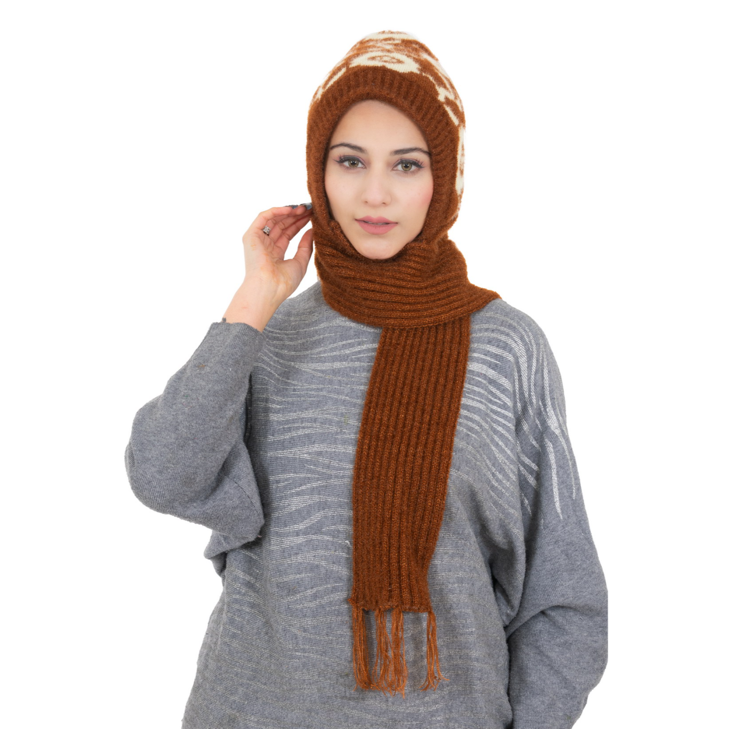 Woolen Printed Muffler Cap for Women- Brown | AMOLDO