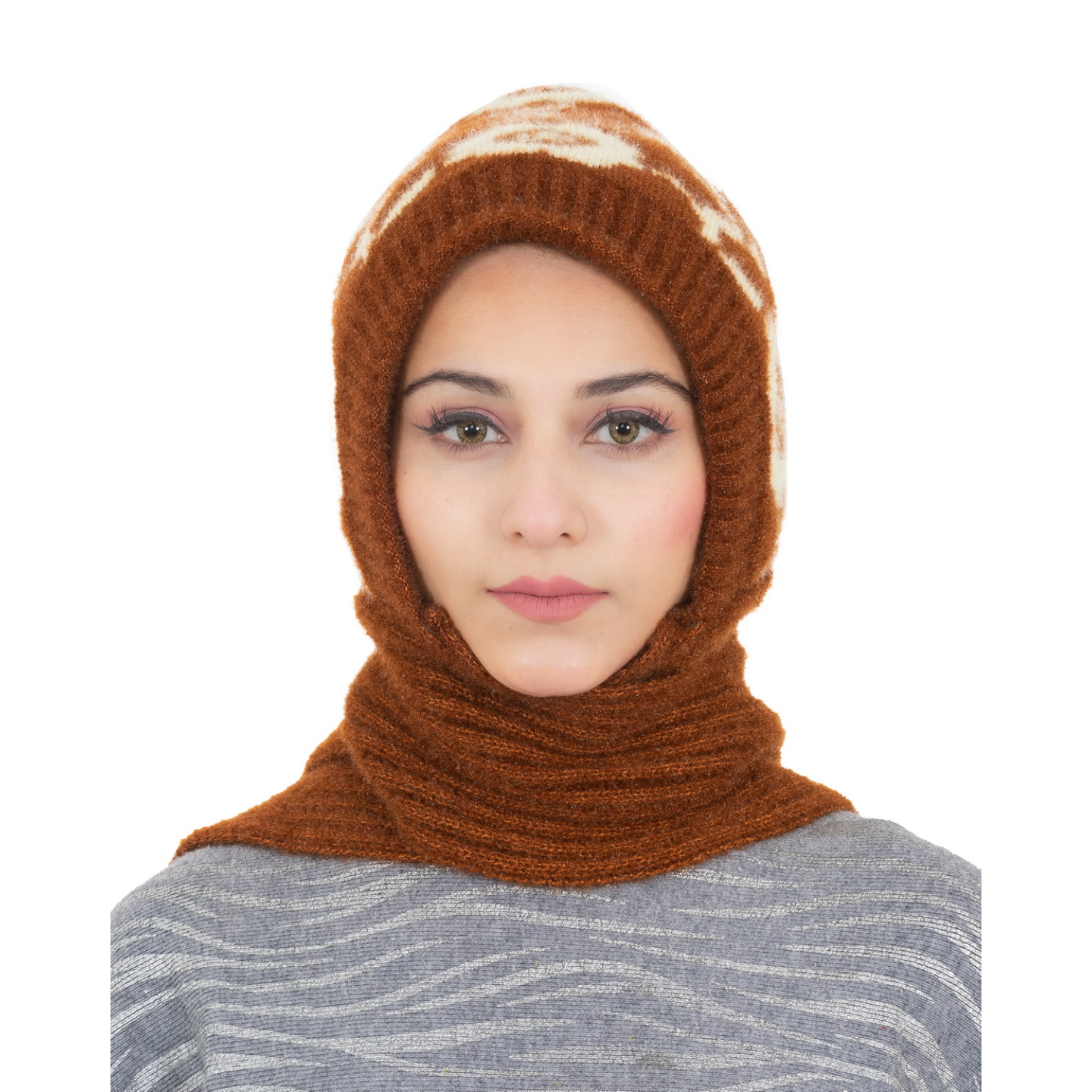 Woolen Printed Muffler Cap for Women- Brown | AMOLDO