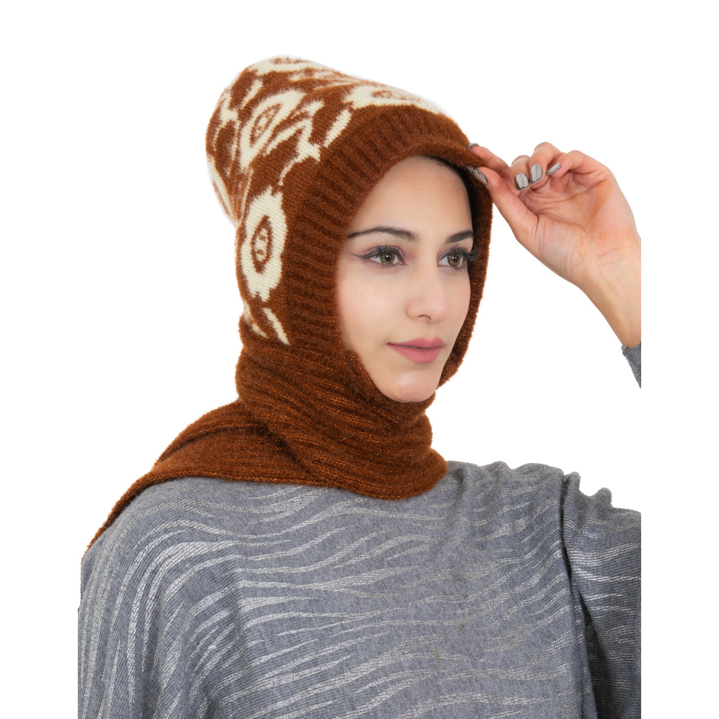 Woolen Printed Muffler Cap for Women- Brown | AMOLDO