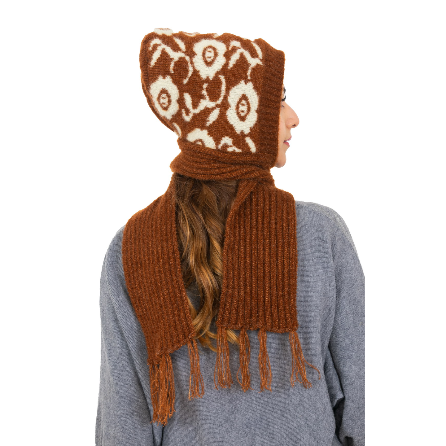 Woolen Printed Muffler Cap for Women- Brown | AMOLDO