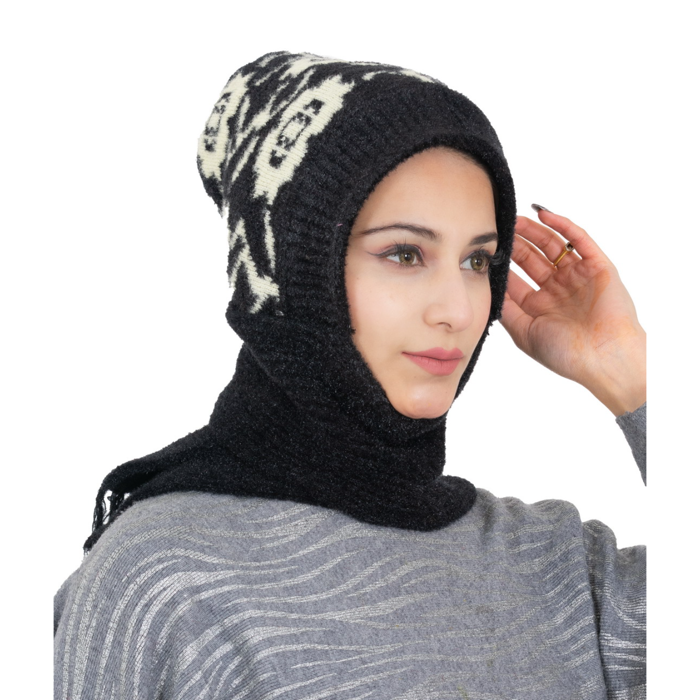 Woolen Printed Muffler Cap for Women- Black | AMOLDO