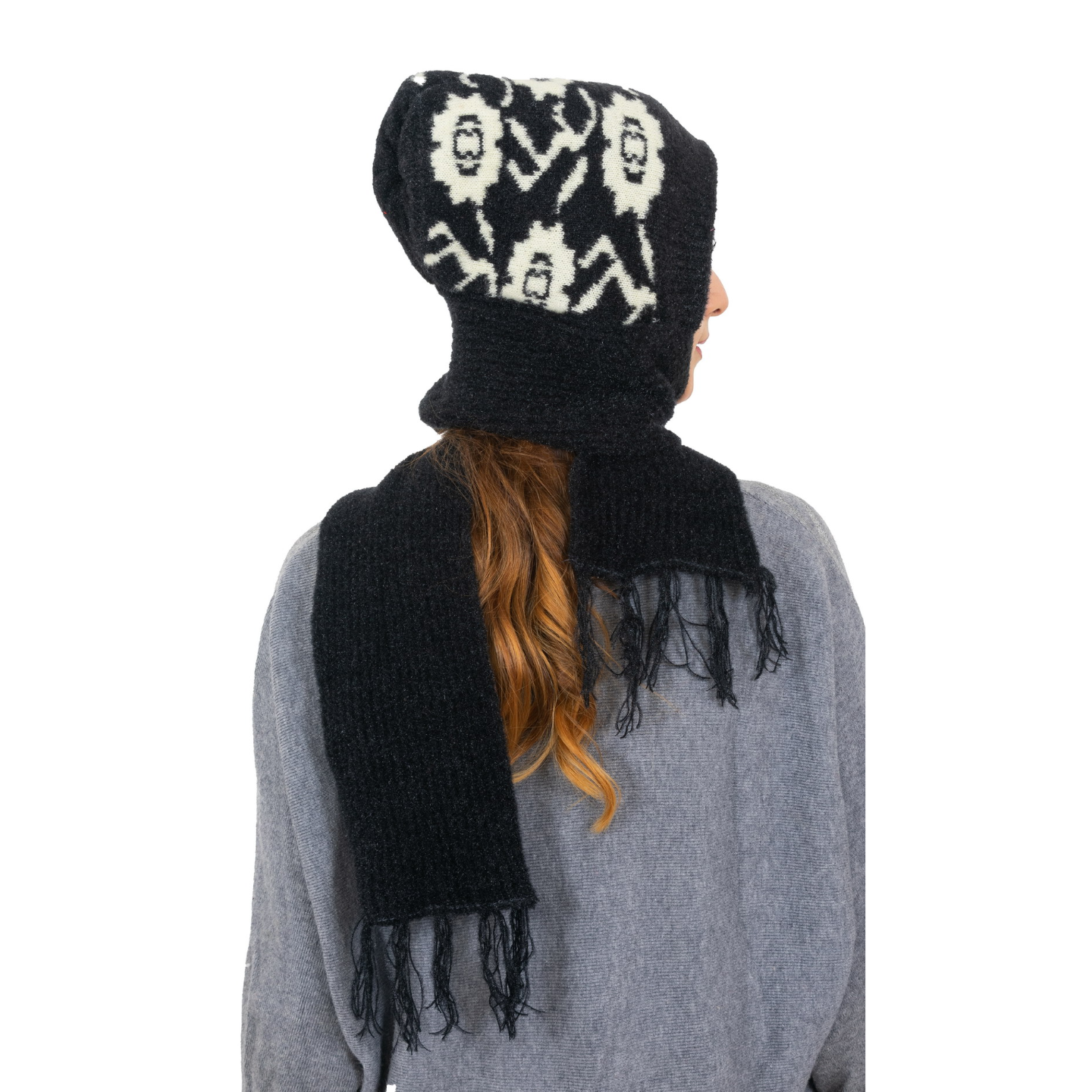 Woolen Printed Muffler Cap for Women- Black | AMOLDO