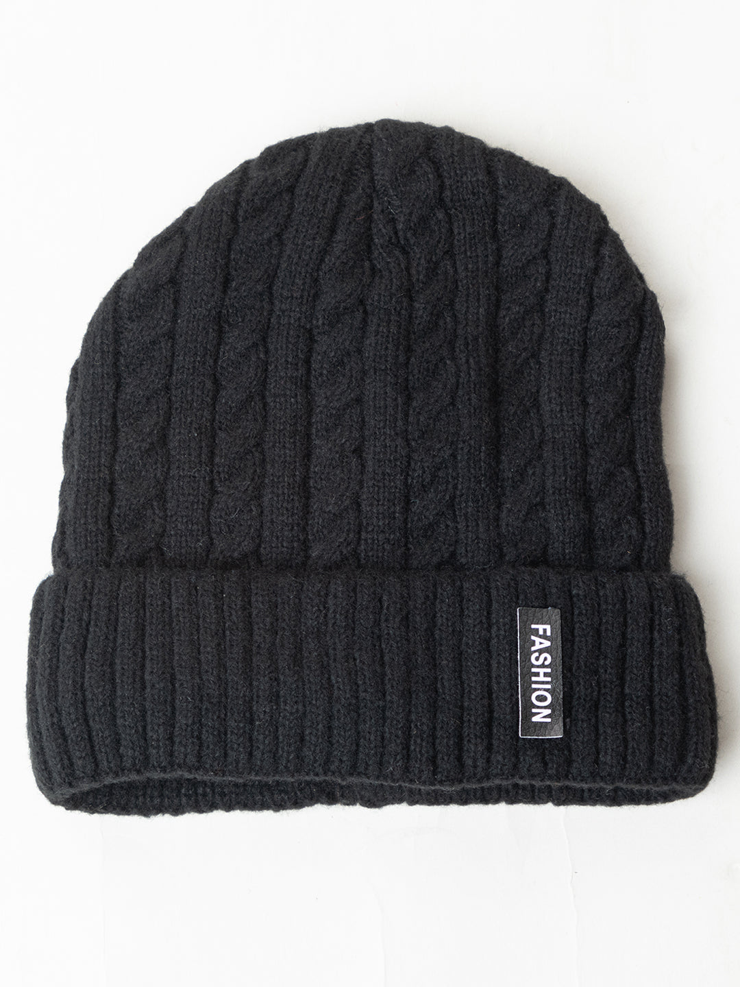 Unisex Woolen Self-Design Fur-lining beanie cap- Black | Amoldo