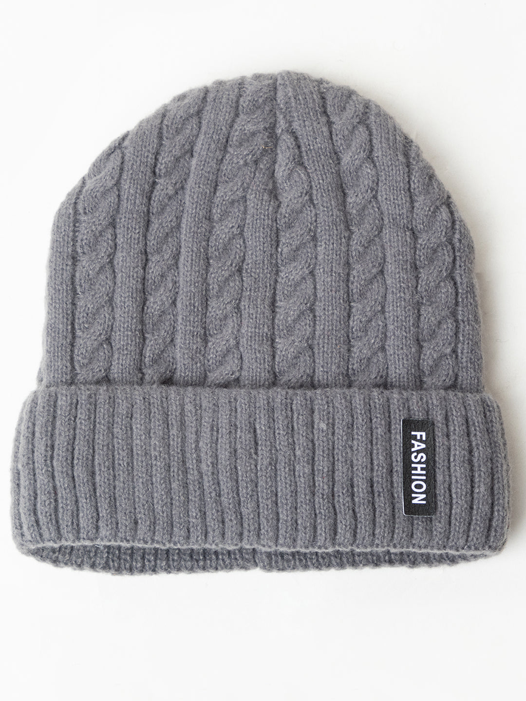 Unisex Woolen Self-Design Fur-lining beanie cap- Grey | Amoldo