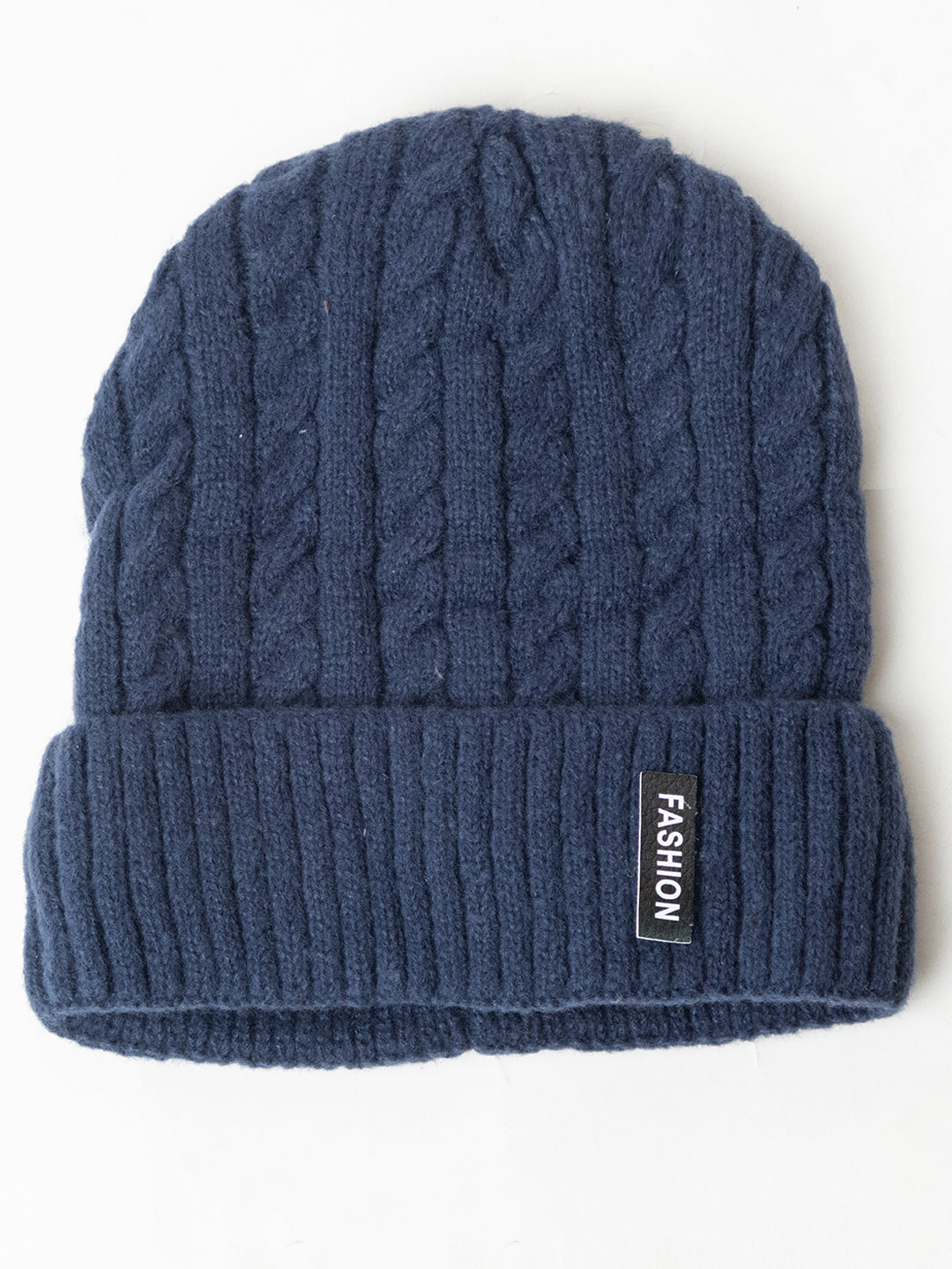 Unisex Woolen Self-Design Fur-lining beanie cap- Navy | Amoldo