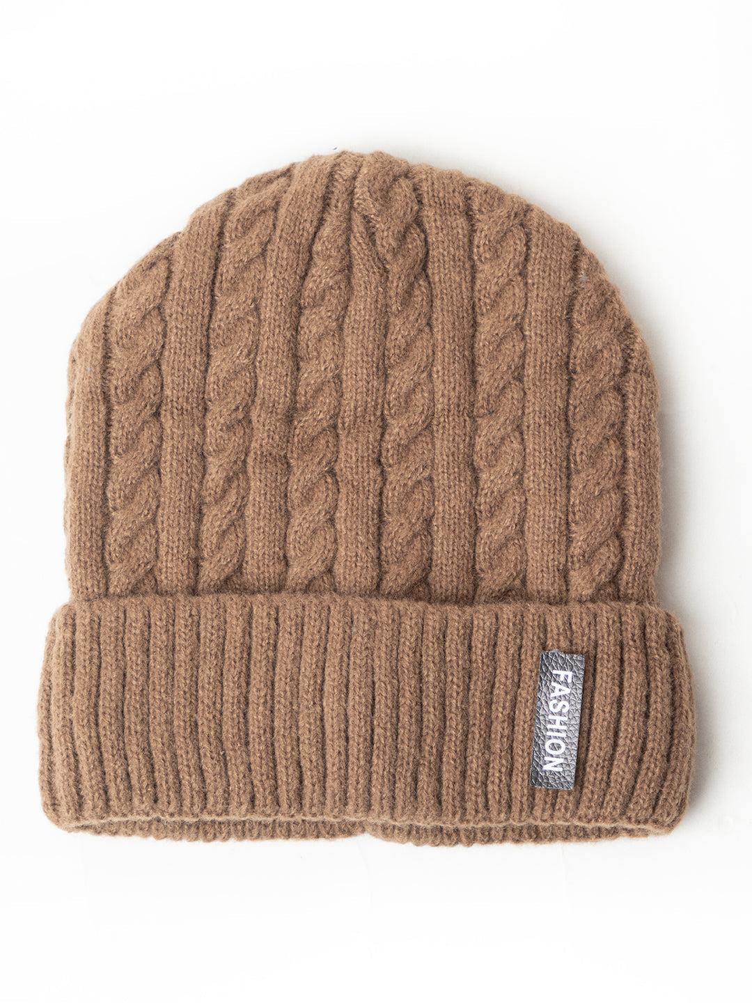 Unisex Woolen Self-Design Fur-lining beanie cap- Brown | Amoldo