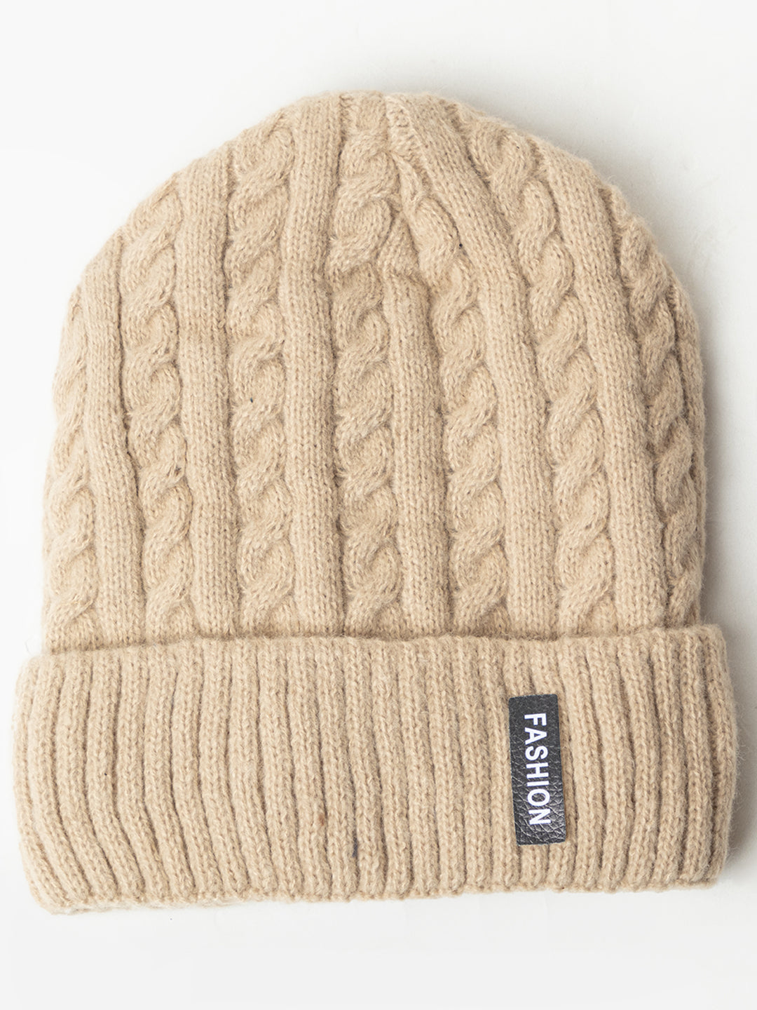 Unisex Woolen Self-Design Fur-lining beanie cap- Cream | Amoldo