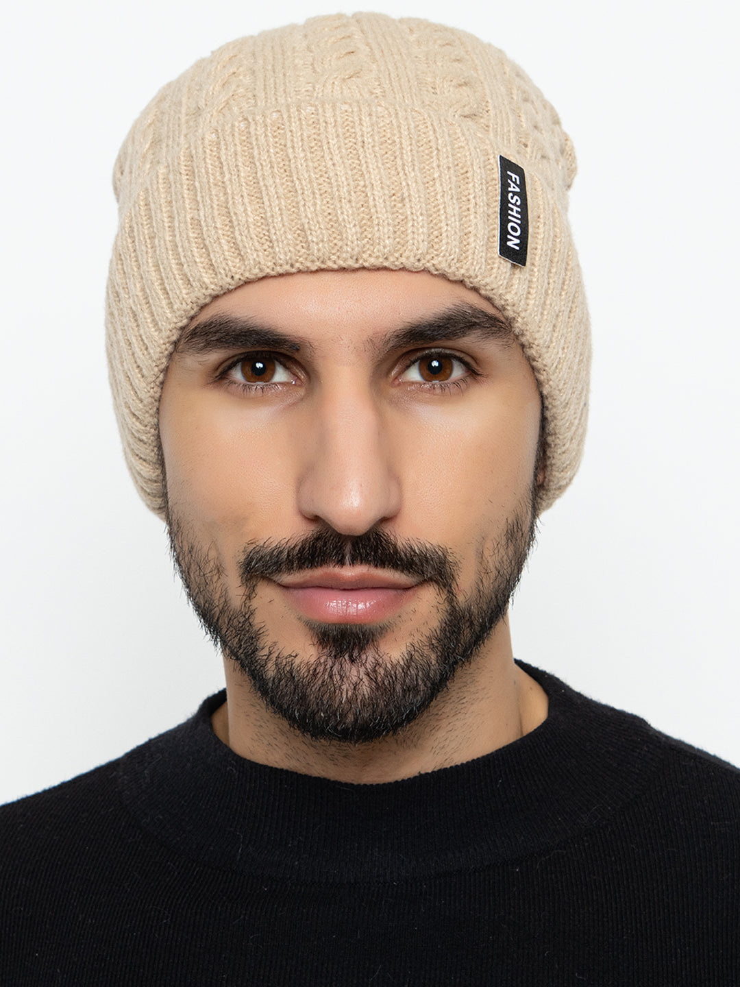 Unisex Woolen Self-Design Fur-lining beanie cap- Cream | Amoldo