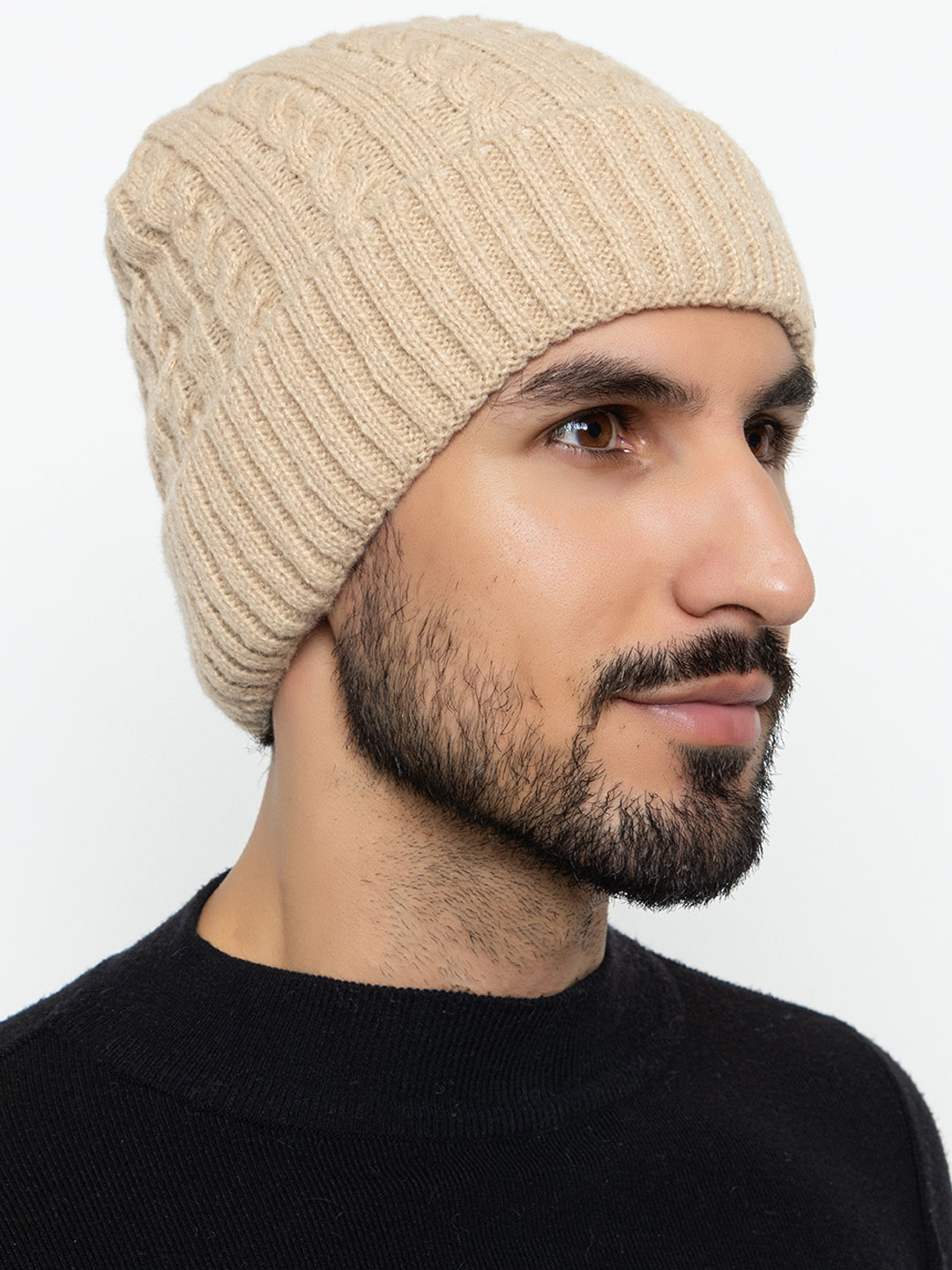 Unisex Woolen Self-Design Fur-lining beanie cap- Cream | Amoldo