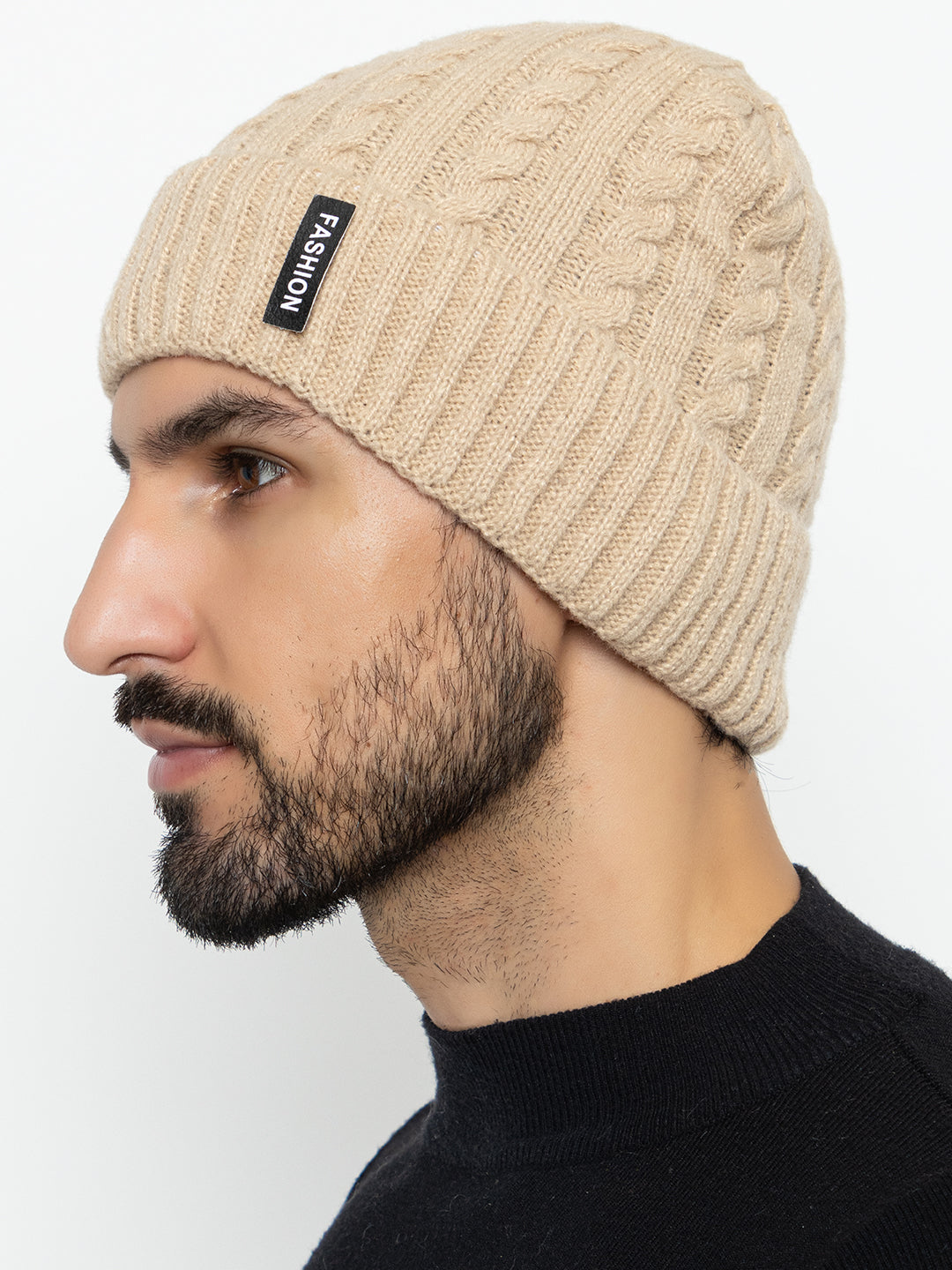 Unisex Woolen Self-Design Fur-lining beanie cap- Cream | Amoldo