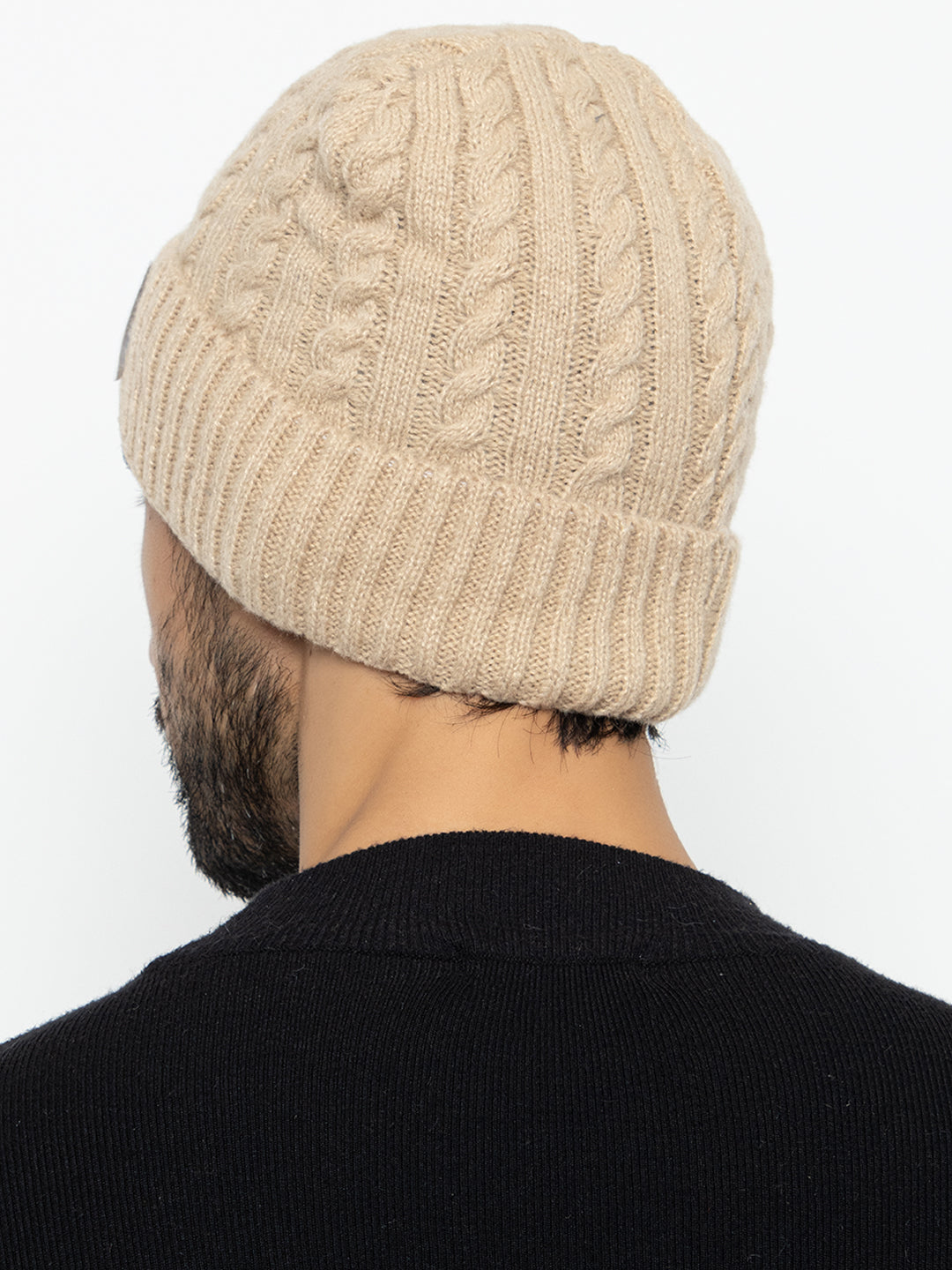 Unisex Woolen Self-Design Fur-lining beanie cap- Cream | Amoldo