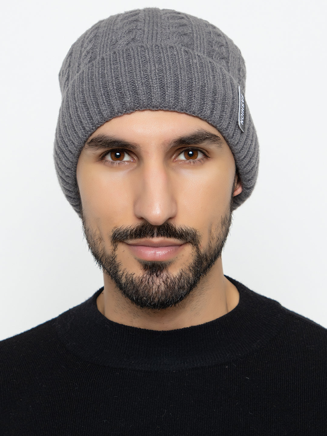 Unisex Woolen Self-Design Fur-lining beanie cap- Grey | Amoldo