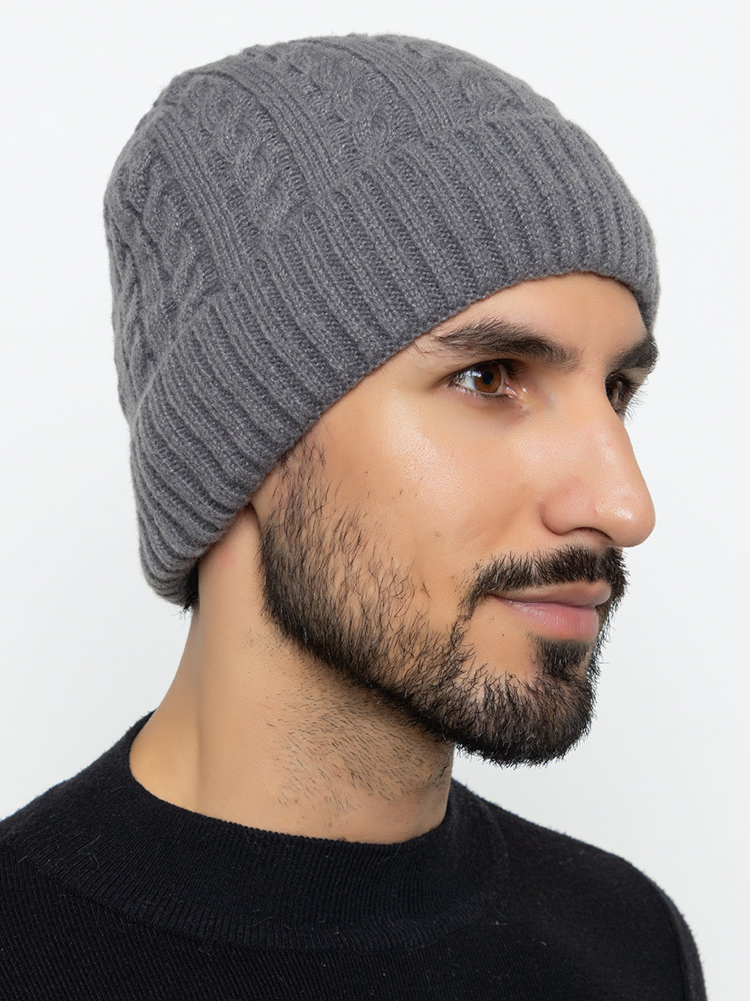 Unisex Woolen Self-Design Fur-lining beanie cap- Grey | Amoldo