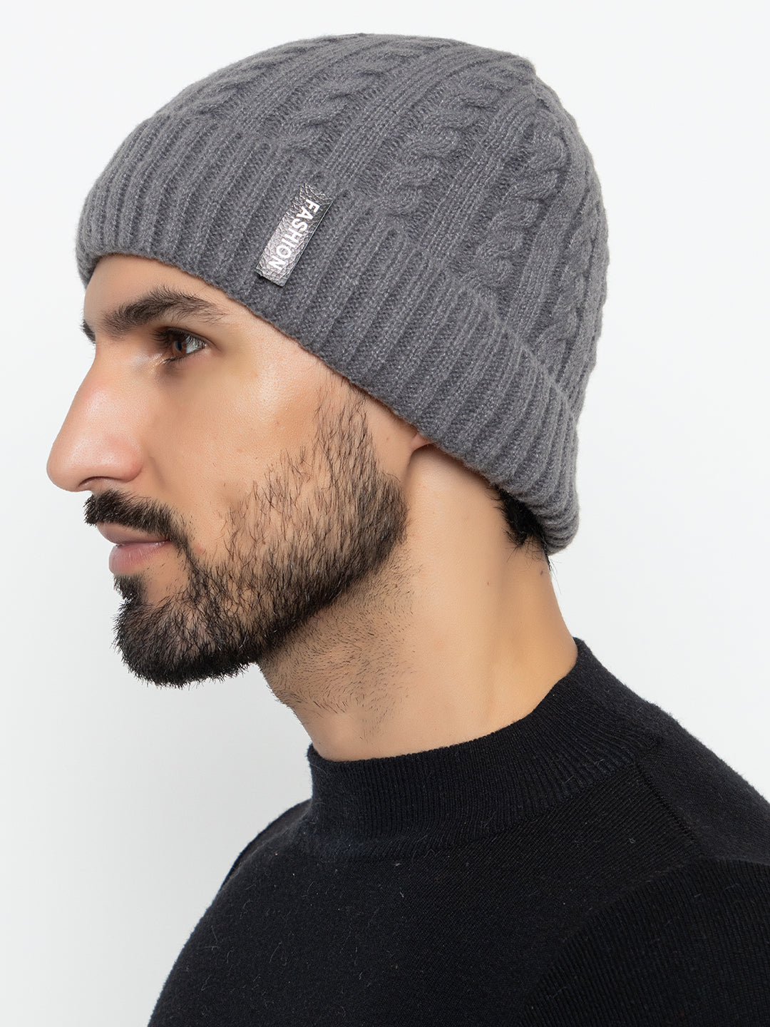 Unisex Woolen Self-Design Fur-lining beanie cap- Grey | Amoldo