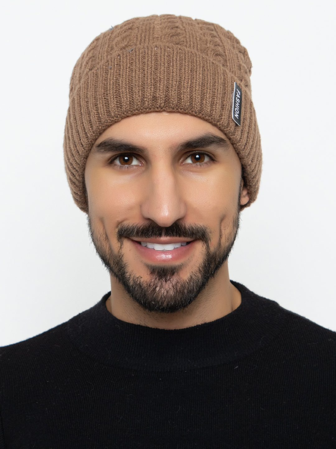 Unisex Woolen Self-Design Fur-lining beanie cap- Brown | Amoldo